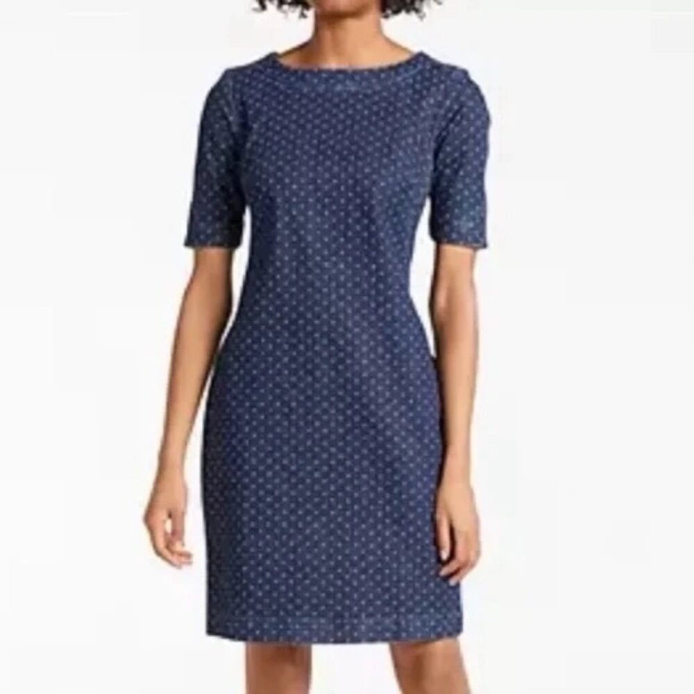Boden Rhea Denim Sheath Dress Size 10R Blue Polka Dot 3/4 Sleeve Retro